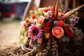 A bright, multi-colored wedding bouquet of different flowers