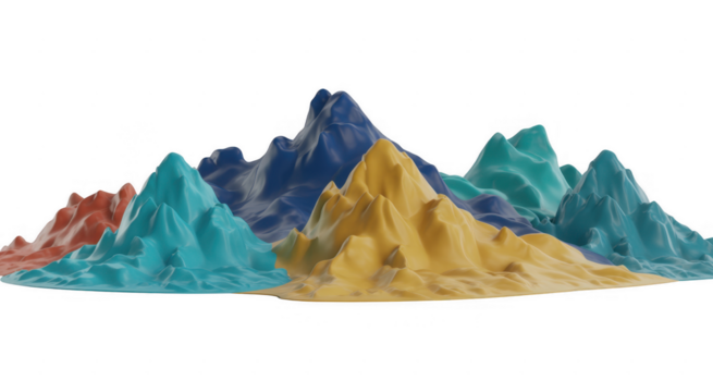 Colorful 3D mountain range with red, blue, yellow, and green peaks isolated on a transparent background - Powered by Adobe