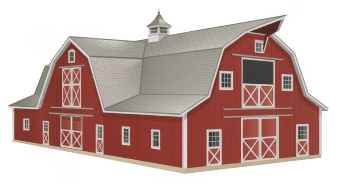 Red Barn with White Trim and Gray Roof building farm isolated on a transparent background - Powered by Adobe
