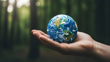A hand holding the earth globe in a forest
