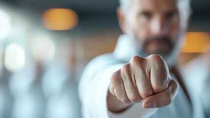 A martial artist showcases determination with a focused punch forward in a training session, emphasizing strength, discipline, and the spirit of martial arts.