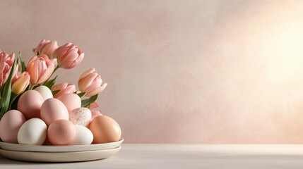 This beautiful image features a collection of pastel Easter eggs arranged elegantly with fresh tulips, embodying the essence of spring and festive celebration.