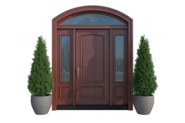 Brown front door with potted plants isolated on a transparent background