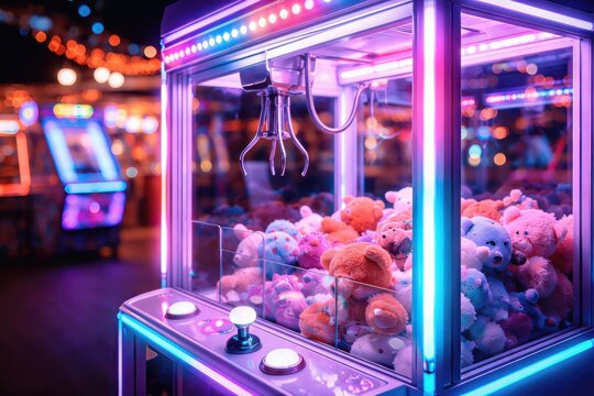 Captivating claw machine filled with colorful plush teddy bears illuminated by vibrant neon lights evoking nostalgia and playful excitement in a lively arcade environment