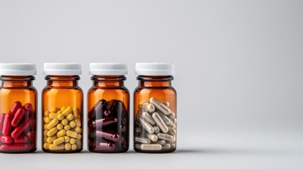 Four medicine bottles containing colorful capsules and tablets are displayed in a row, representing health and wellness, an essential aspect of modern life and medical care.
