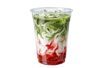 digital painting illustration of iced strawberry matcha latte with swirling layers in a takeaway cup