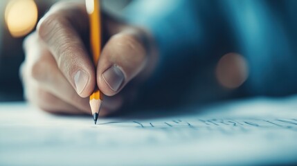 A close-up of a hand holding a pencil as it writes on a sheet of paper, symbolizing creativity, learning, and the act of recording thoughts in a tactile manner.