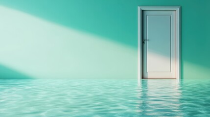 A surreal image featuring a white door partially submerged in tranquil turquoise water, emphasizing themes of exploration and the unknown in an abstract environment.