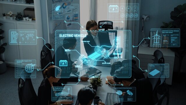 A dynamic team collaborates on electric vehicle advancements in a sleek office with a high-tech digital interface displaying essential data and ideas. Raster - Powered by Adobe
