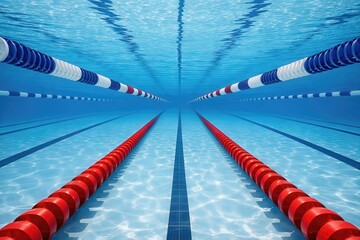 Underwater perspective of a swimming lane with colorful buoy markers creating a visual symphony that enhances aquatic training environments and promotes a sense of serenity and focus