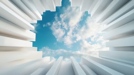 This architectural image captures a unique view of a bright blue sky framed by white structures, creating a sense of openness, serenity, and modern design.