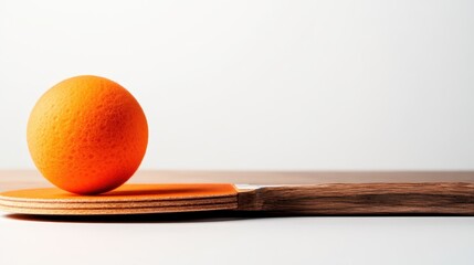 This minimalist still life features an orange ball on a wooden paddle, showcasing geometric simplicity and vibrant colors that evoke artistic intrigue and playfulness.