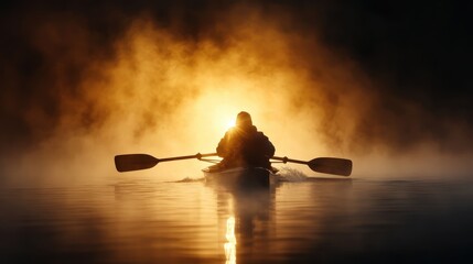 A solitary figure in a kayak navigates a serene lake enveloped in fog, with the sun rising dramatically behind, creating a captivating, mystical atmosphere at dawn.