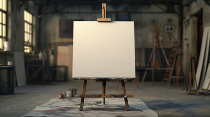 Single one easel with white empty blank canvas in interior of exhibition studio or artist workshop. Front view. Mock up for artwork image, paint creative space.
