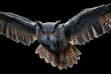 Hyperreal digital painting of a giant nocturnal owl with wings spread and backlit rim glow