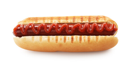 Tasty hot dog with ketchup isolated on white