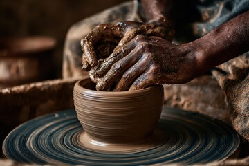 Close-up of hands shaping wet clay on a pottery wheel in a studio