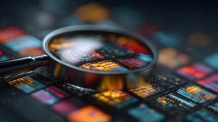 Fototapeta na wymiar Decoding Digital Data: A magnifying glass hovers above a series of illuminated panels, symbolizing the process of data analysis, examination, and exploration of information