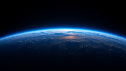 View of Earth from space showing atmosphere and surface details at sunrise
