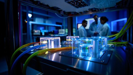 Network cables connect devices in a modern data center with bright lights and organized equipment