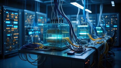 Bright lights illuminate network cables connecting various devices in a technology space. The setup shows a modern data center with organized equipment.