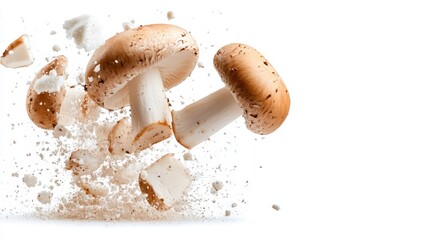 This stunning image captures the moment mushrooms explode in a cloud of white dust, emphasizing their unique shape and textural contrast against a pure white background.