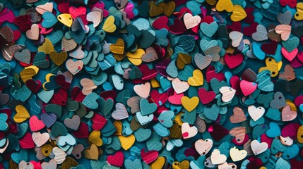 Colorful heart shaped confetti background. Top view of metallic sequins for Valentine's Day decoration. Abstract love pattern texture