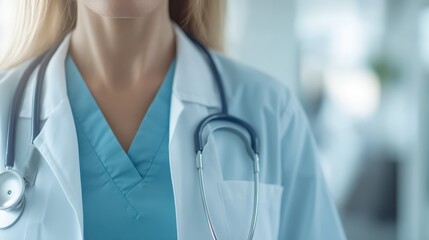 A close-up of a female doctor wearing scrubs and a stethoscope captures professionalism, dedication, and compassion, emphasizing her commitment to patient care.