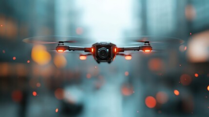 This image features a sleek, modern drone hovering in an urban environment, showcasing its advanced design, lighting, and technology that captivates the imagination.