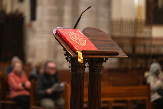  Holy Scripture Bible on the lectern in  cathedral la Seu in VALENCIA, SPAIN