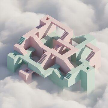 Surreal Pastel Staircase Labyrinth Floating in Dreamy Clouds of Infinite Impossible Architecture