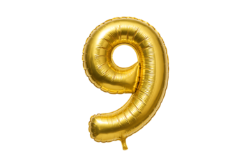 Realistic golden number nine balloon isolated reflective surface perfect for celebrations on transparent background