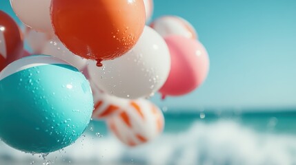A vibrant collection of beach balls splashed with water, set against a sunny ocean backdrop, capturing the essence of summer fun and joy.