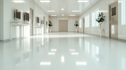 A clean, minimalist corridor featuring sleek white surfaces and modern design elements, creating an inviting and spacious atmosphere ideal for professional or artistic environments.