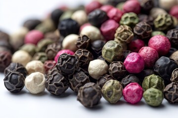 Obraz premium Close-up overhead view of mixed peppercorns on a white background