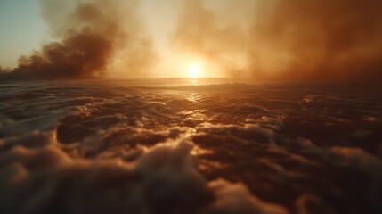 An enchanting sunset over ocean waves, creating a dramatic scene enhanced by smoke effects that evoke tranquility and the raw beauty of nature.