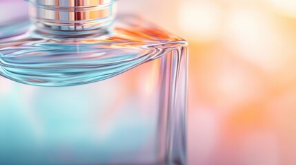 An artistic close-up of a perfume bottle refracting soft pastel colors, evoking a sense of luxury, elegance, and sensory delight in fragrance.