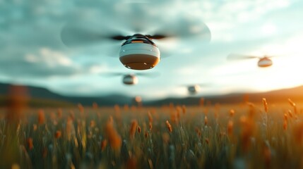 A mesmerizing view of drones flying over golden fields as the sun sets, representing modern technology and innovation in harmony with nature's beauty and tranquility.