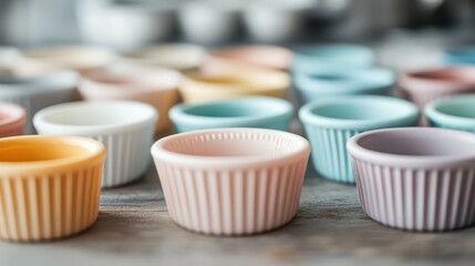A collection of petite, pastel-colored ramekins arranged on a rustic wooden surface, showcasing charm and simplicity, perfect for serving appetizers or small treats.