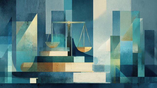 Abstract scales of justice balanced on law books in a tranquil blue-toned digital painting