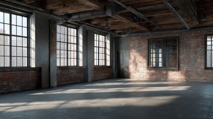 Deserted brick studio space featuring tall factory windows, raw textures, and gritty urban design