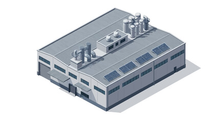 Modern isometric illustration of an industrial factory building, featuring a production facility with rooftop solar panels, symbolizing manufacturing, business, and efficiency