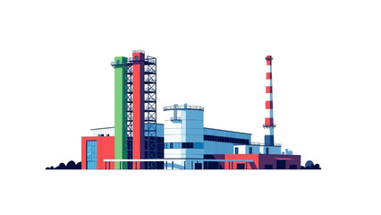 Modern industrial power plant vector illustration with diverse colorful structures and towering chimneys, symbolizing energy production and advanced technology