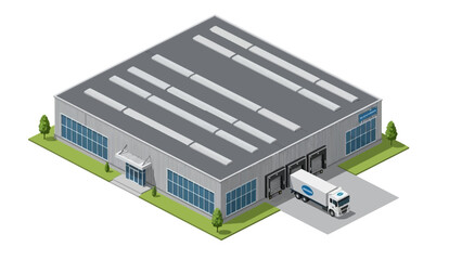 Isometric modern industrial warehouse facility featuring a delivery truck at the loading dock, representing efficient logistics, storage, and global supply chain management