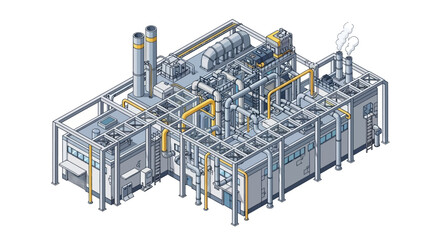 Isometric illustration of a modern industrial power plant, featuring intricate piping, operational machinery, and buildings for large-scale energy generation