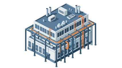 Isometric vector illustration of a modern industrial factory building. Features detailed pipelines and rooftop systems, representing manufacturing, production, and technology infrastructure