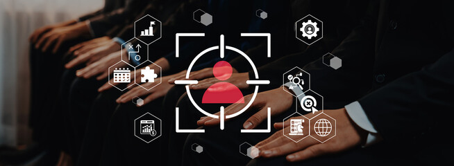 Visual representation of a targeted selection process in a business setting featuring diverse icons related to strategy, data analysis, and recruitment methods. Gantry
