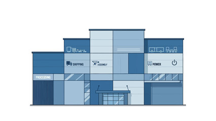 Sleek Modern Business Building Illustration with Integrated Digital Service and Technology Icons, Representing Connectivity, Innovation, and Corporate Operations