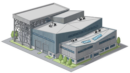 Modern isometric illustration depicting a large industrial complex with multiple factory buildings and a tall engineering structure, ideal for manufacturing and production operations