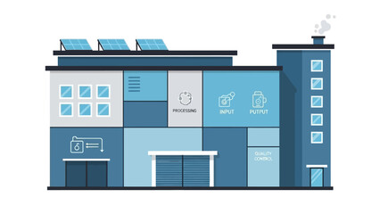 Visual representation of an efficient industrial manufacturing plant concept, illustrating various stages like input, processing, and output, integrated with renewable solar energy solutions